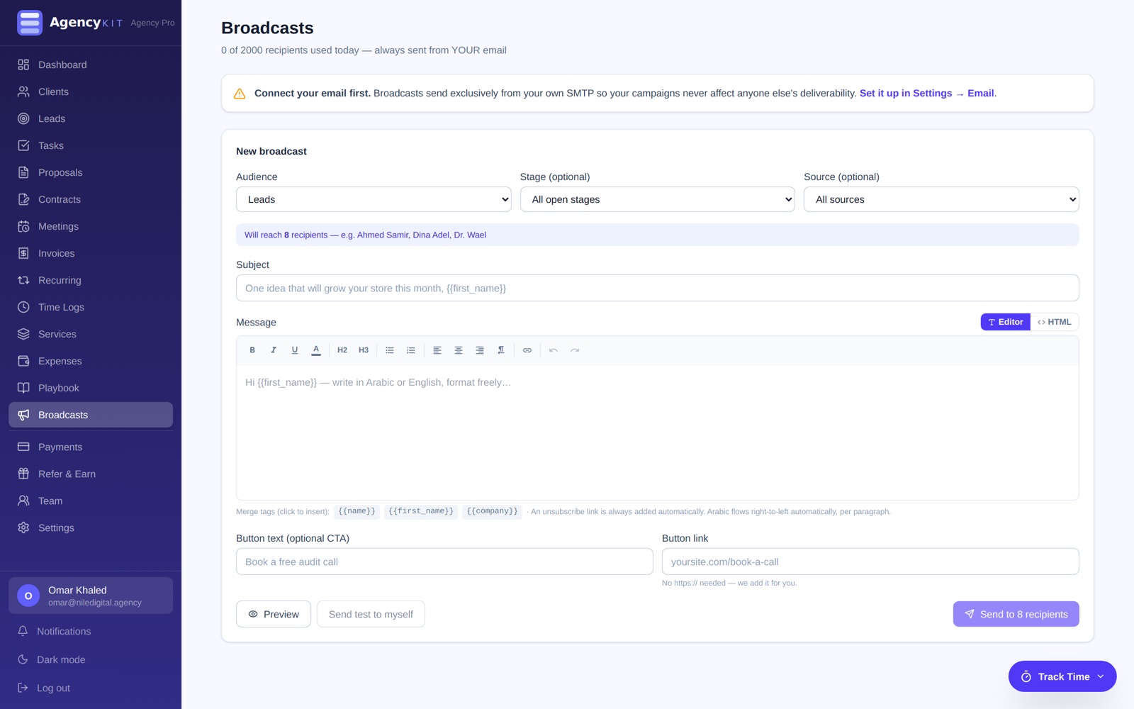 Email broadcasts composer with audience segments and rich editor
