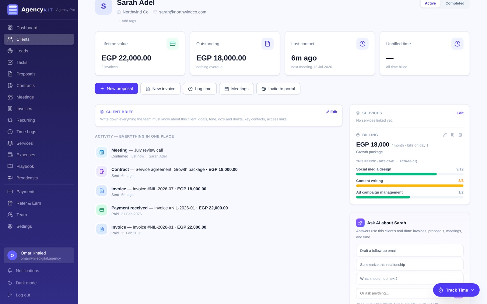 Client 360 page with retainer usage bars, billing card and AI assistant