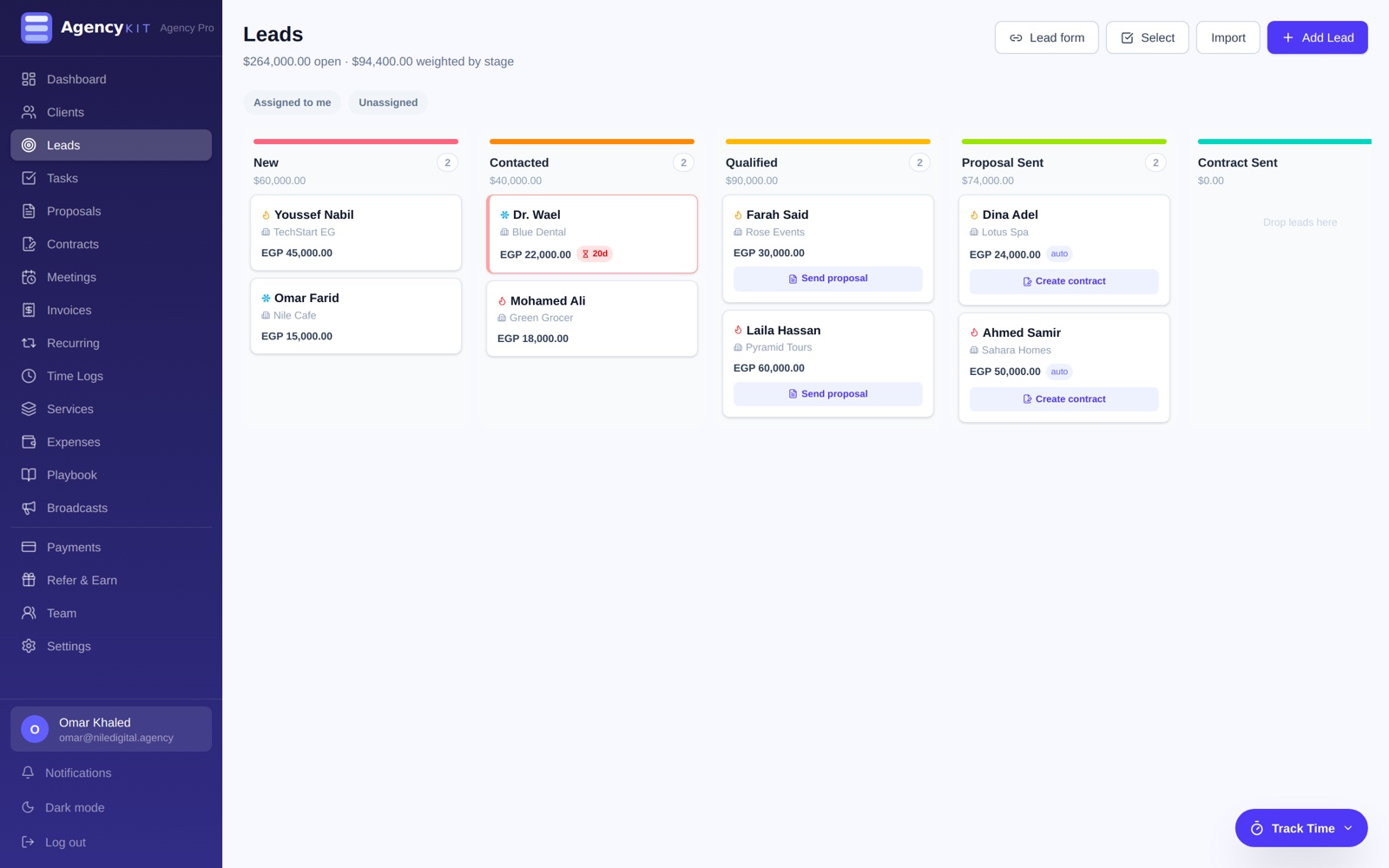 Leads kanban pipeline with deal values, heat icons and a rotting alert