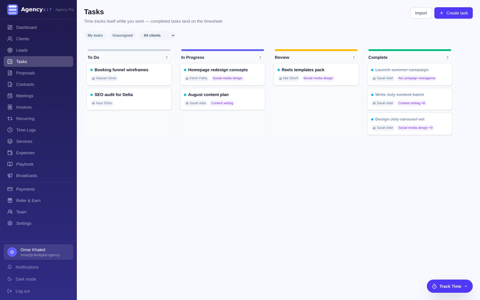 Tasks kanban board linked to services and packages