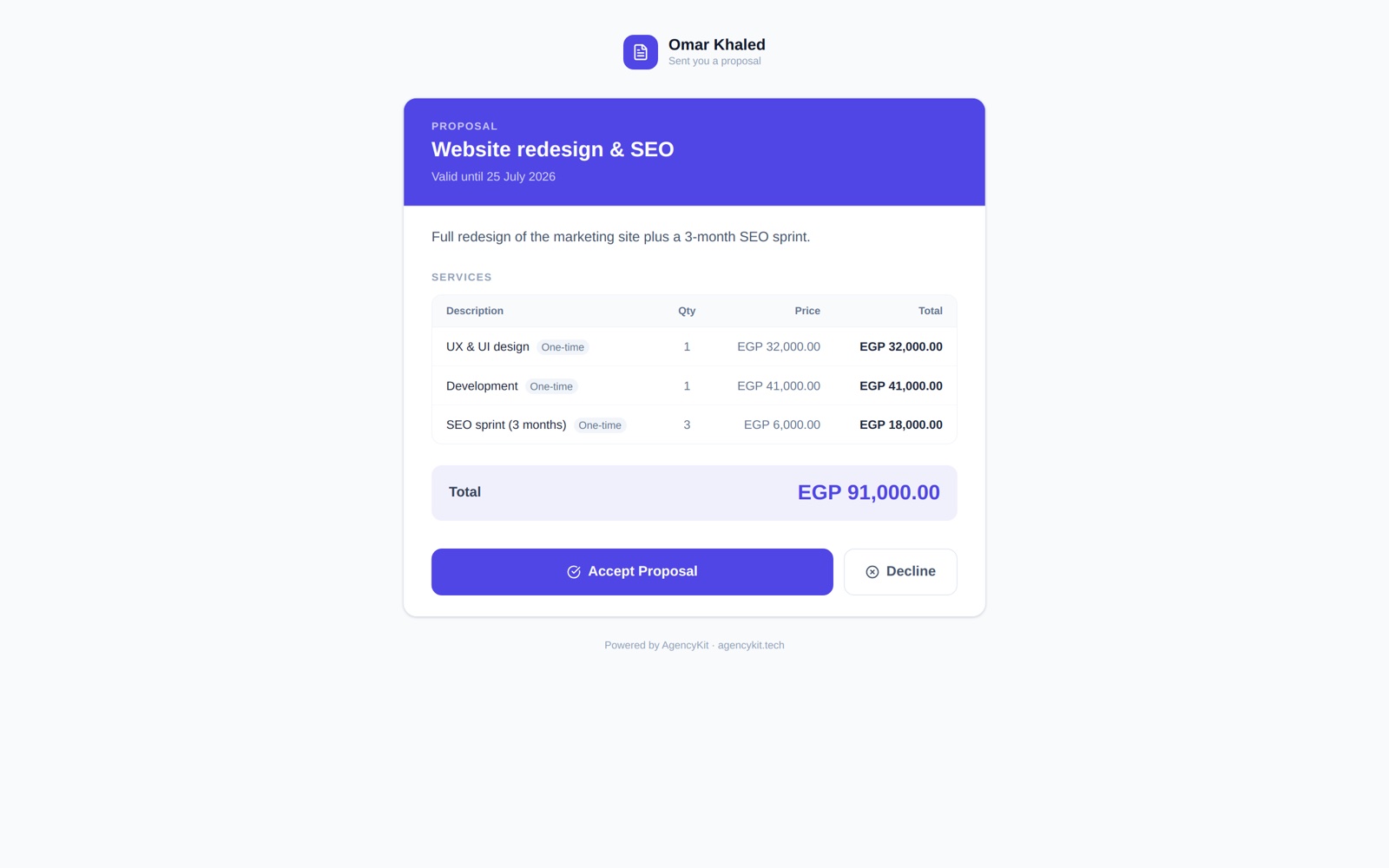 The proposal exactly as the client sees it, with line items and an accept button