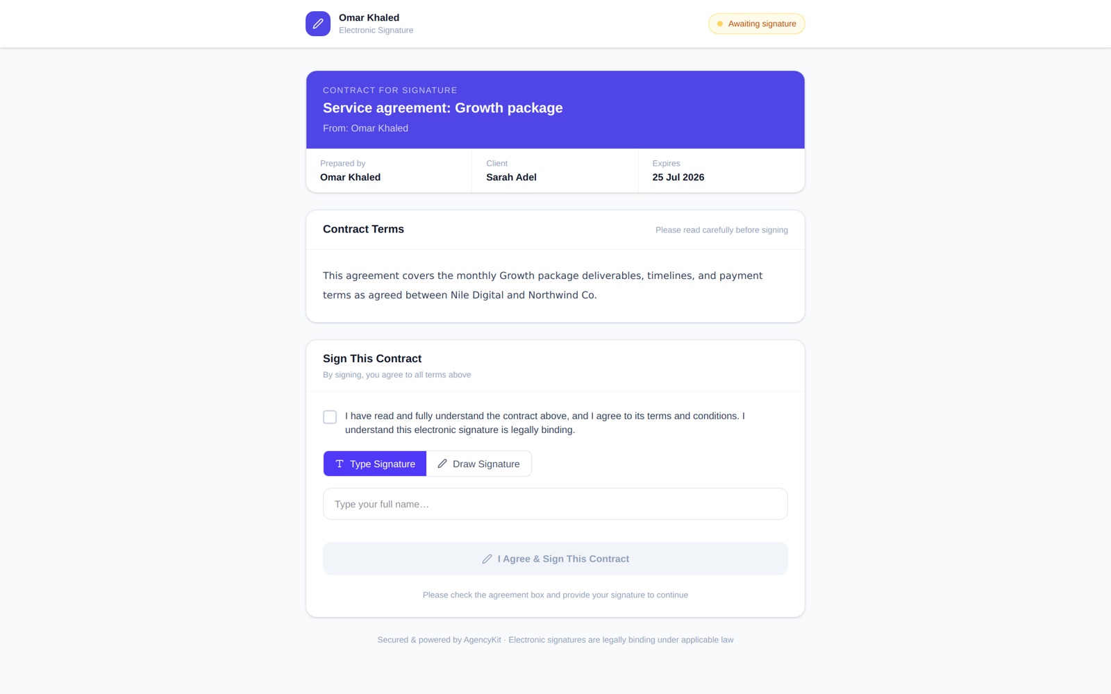The contract signing page the client uses to e-sign online