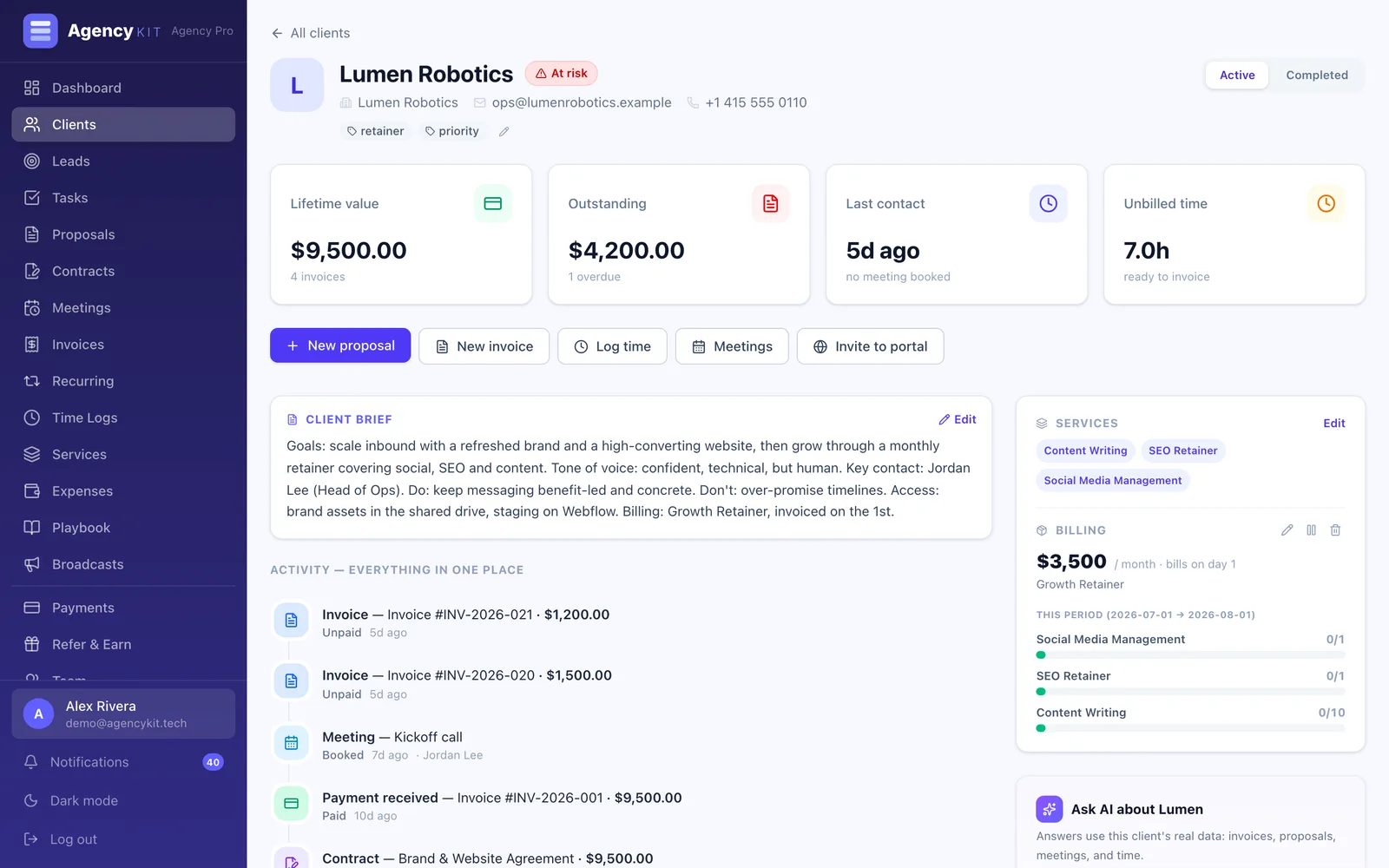 AgencyKit client record for a content client with brief, services, and billing