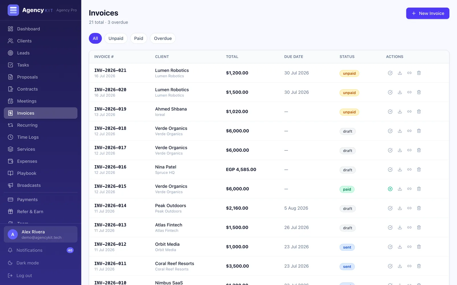 AgencyKit invoices list showing due dates and payment status