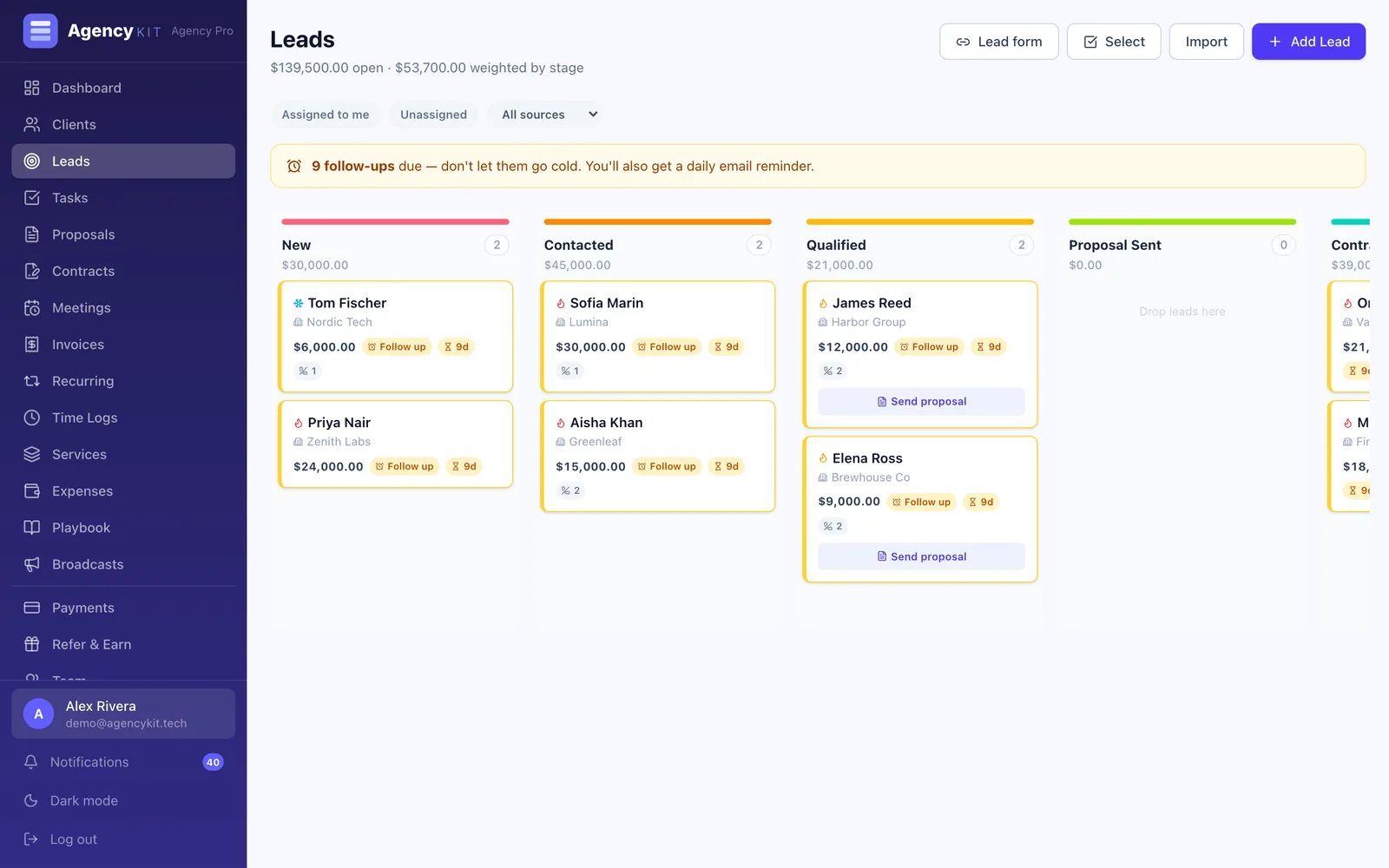 AgencyKit sales pipeline with weighted forecast and follow-up reminders