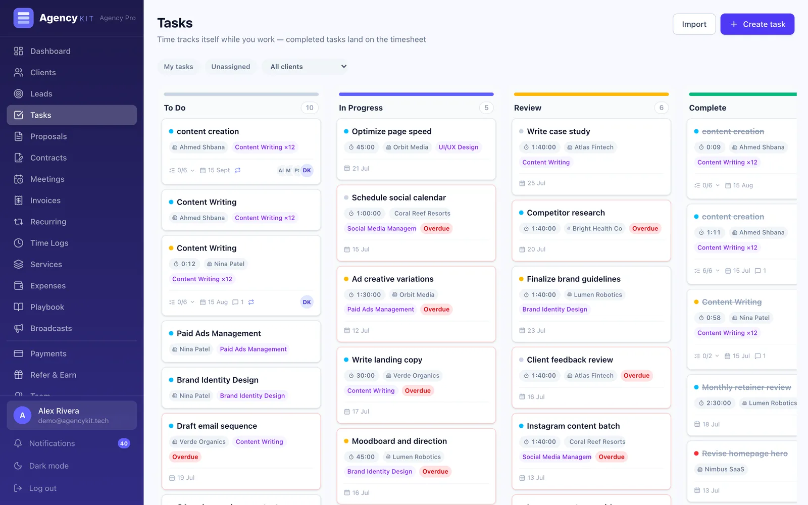 AgencyKit tasks board with time tracked on each task