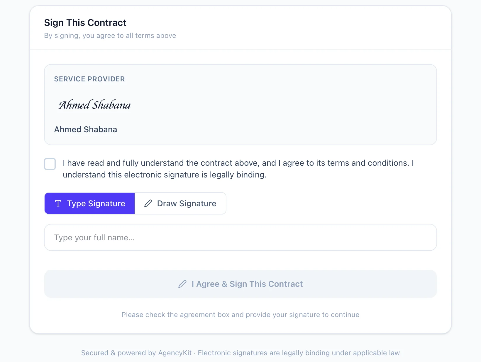 A client signing a contract online in AgencyKit with a typed signature, an agreement checkbox, and a legally binding e-signature