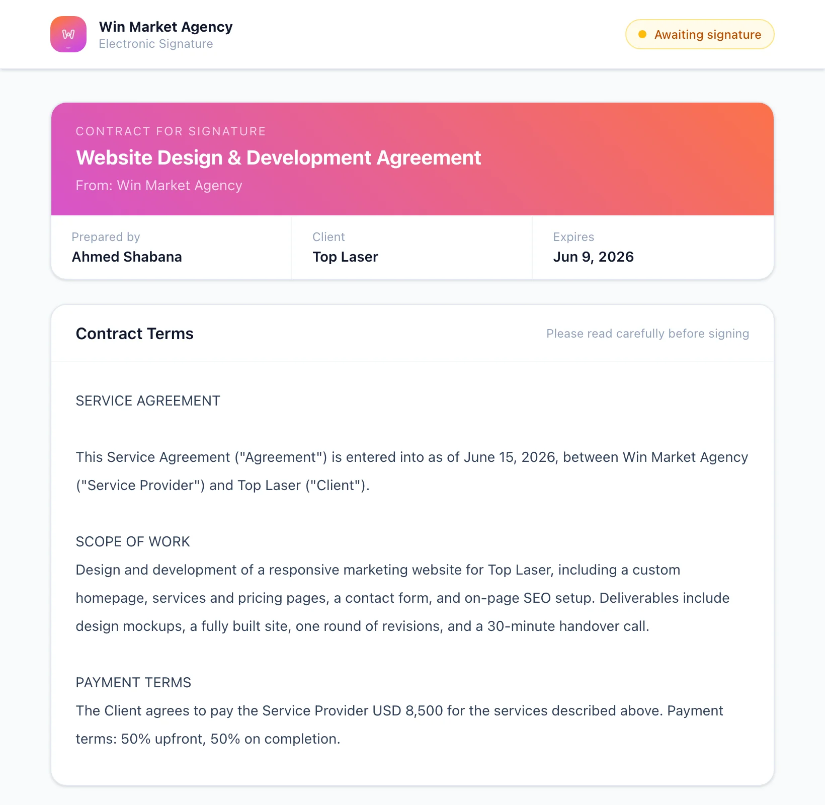 A branded AgencyKit contract titled Website Design and Development Agreement with scope, payment terms, and the client and expiry dates