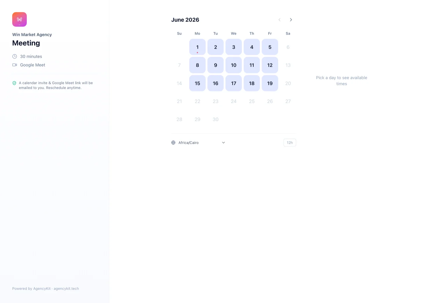 AgencyKit booking page showing open time slots a client can pick in their own timezone