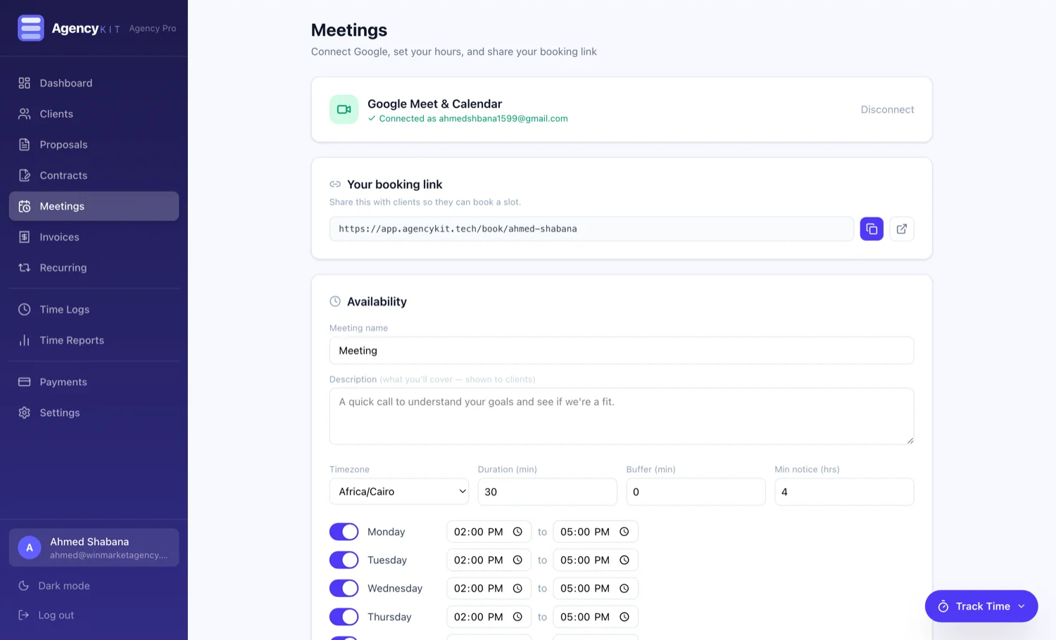 AgencyKit availability setup with Google Calendar connected and weekly hours, buffers, and timezone set