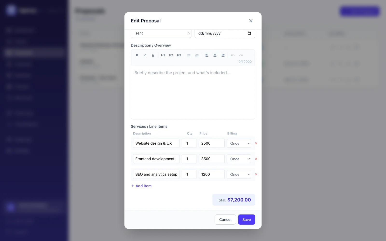 AgencyKit proposal builder with line items for website design, development, and SEO, totaling $7,200
