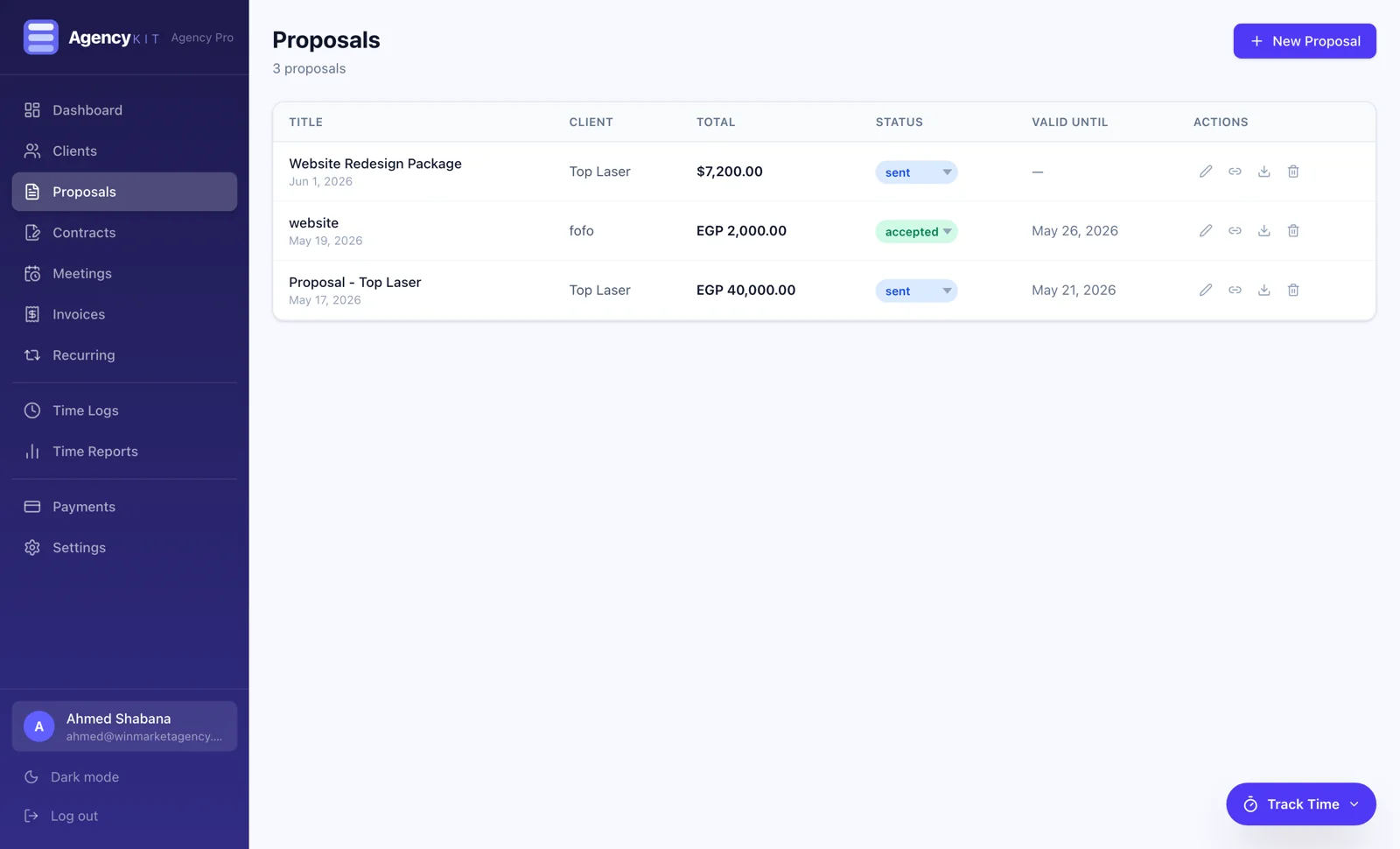 AgencyKit proposals dashboard with edit, copy client link, download, and delete actions on each proposal