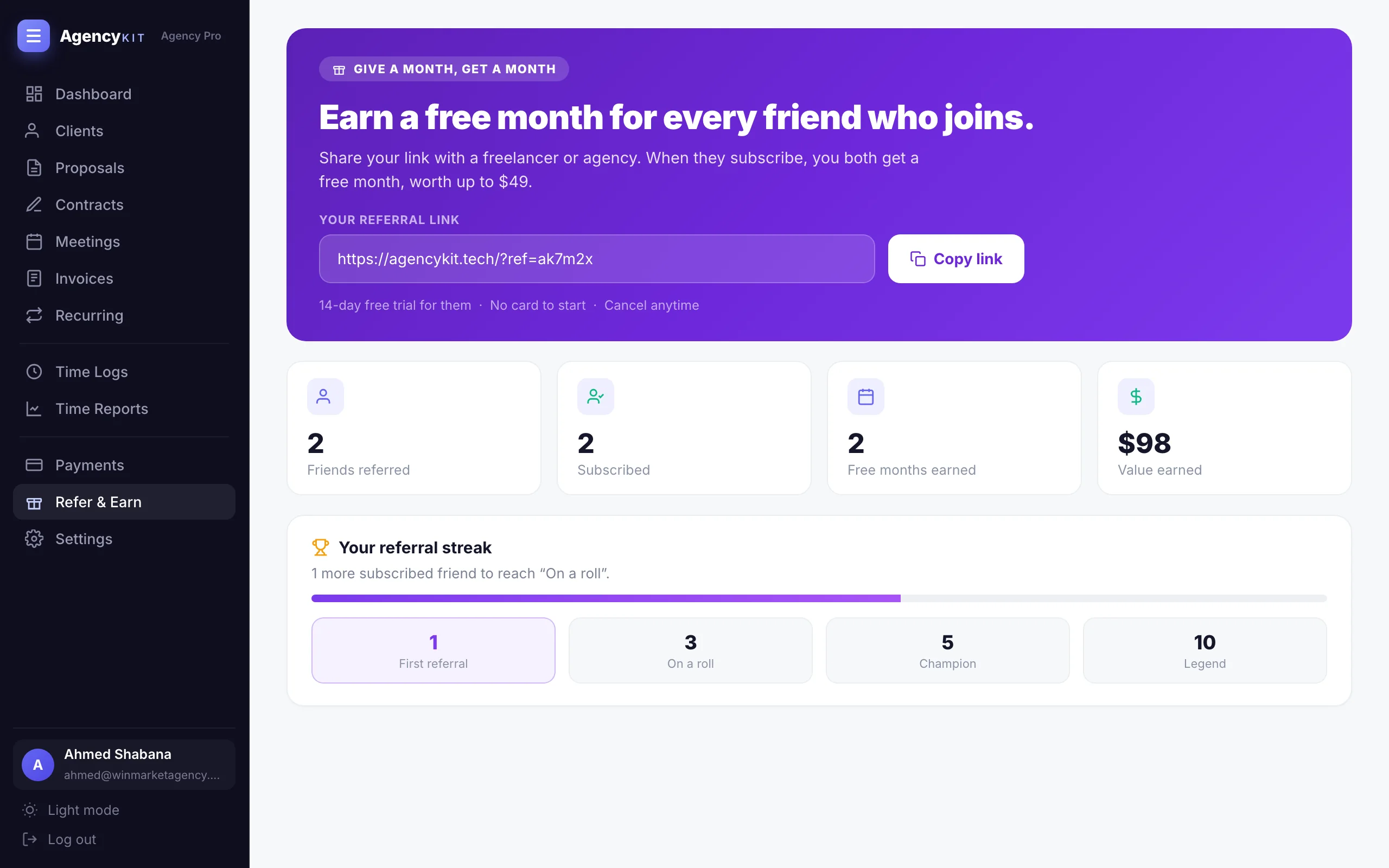 AgencyKit Refer and Earn referral program