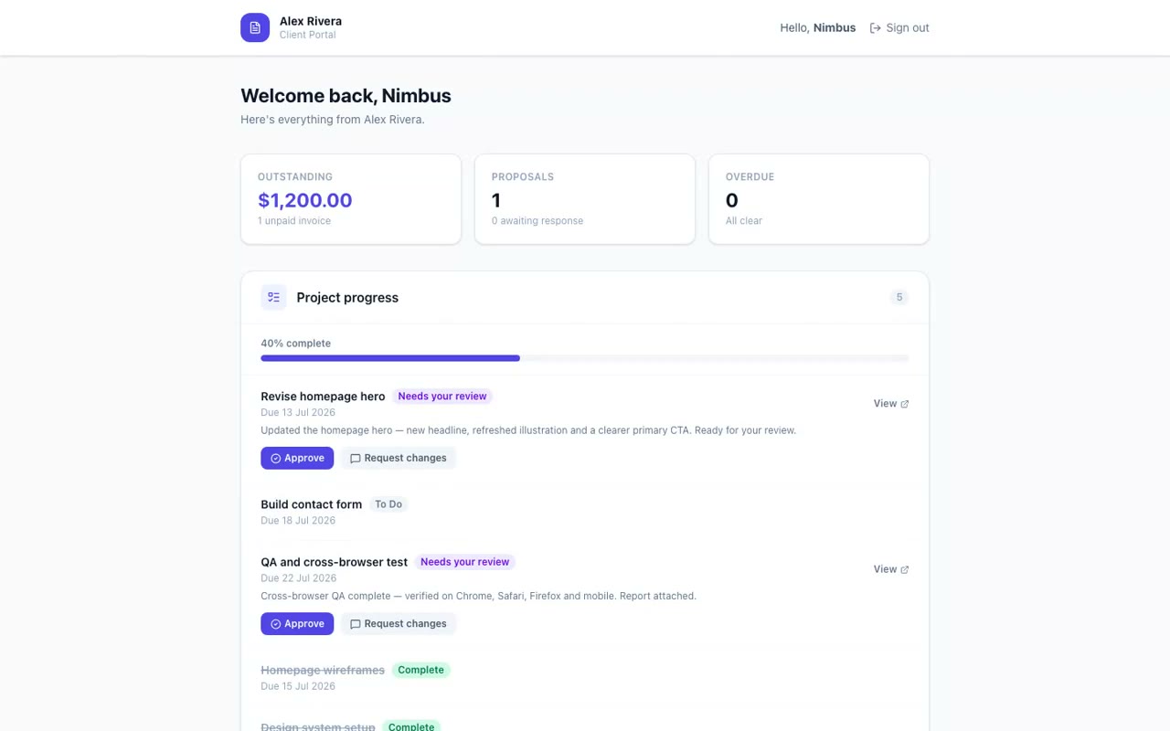 AgencyKit client portal: a branded space where clients review, sign and pay