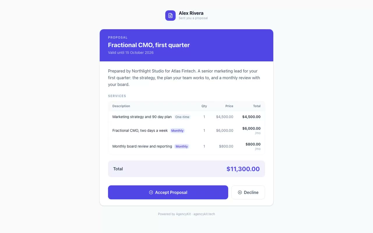 AgencyKit client view: a proposal the client can accept online, then the contract they sign
