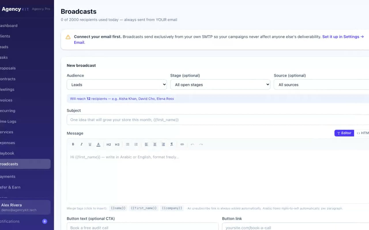 AgencyKit email broadcasts: campaigns sent from your own address