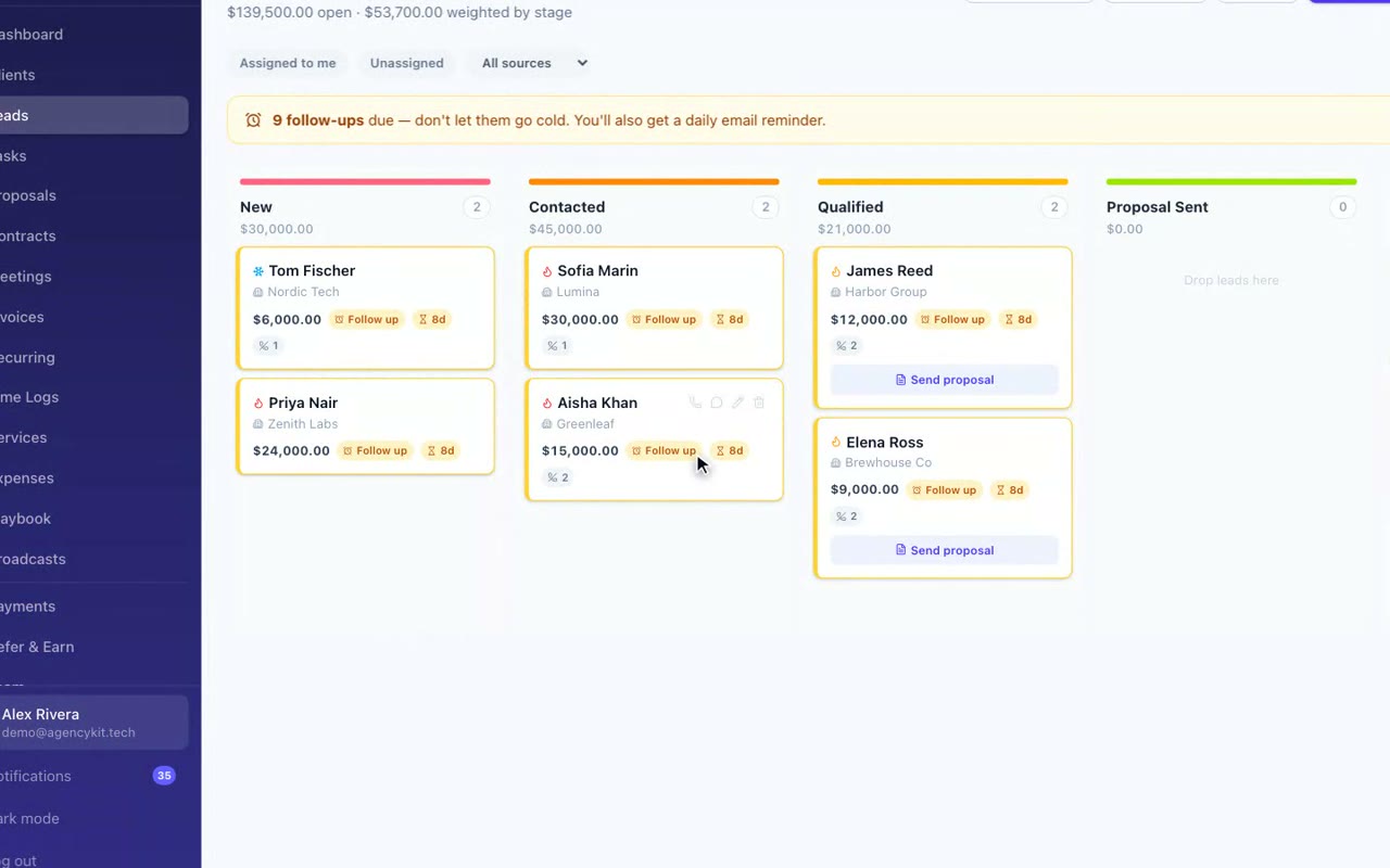 AgencyKit leads pipeline — capture a lead, work every stage, and convert it to a client