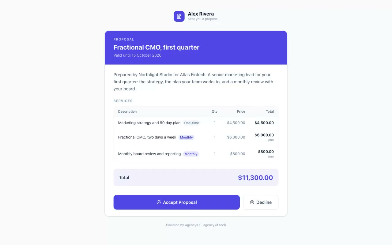 AgencyKit for consultants: a proposal the client accepts online, billable hours, a booking page, and the invoice paid