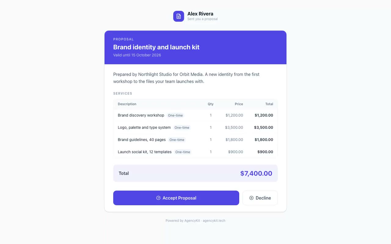 AgencyKit for design studios: a proposal, the work on a board, the client's account, and the final invoice paid