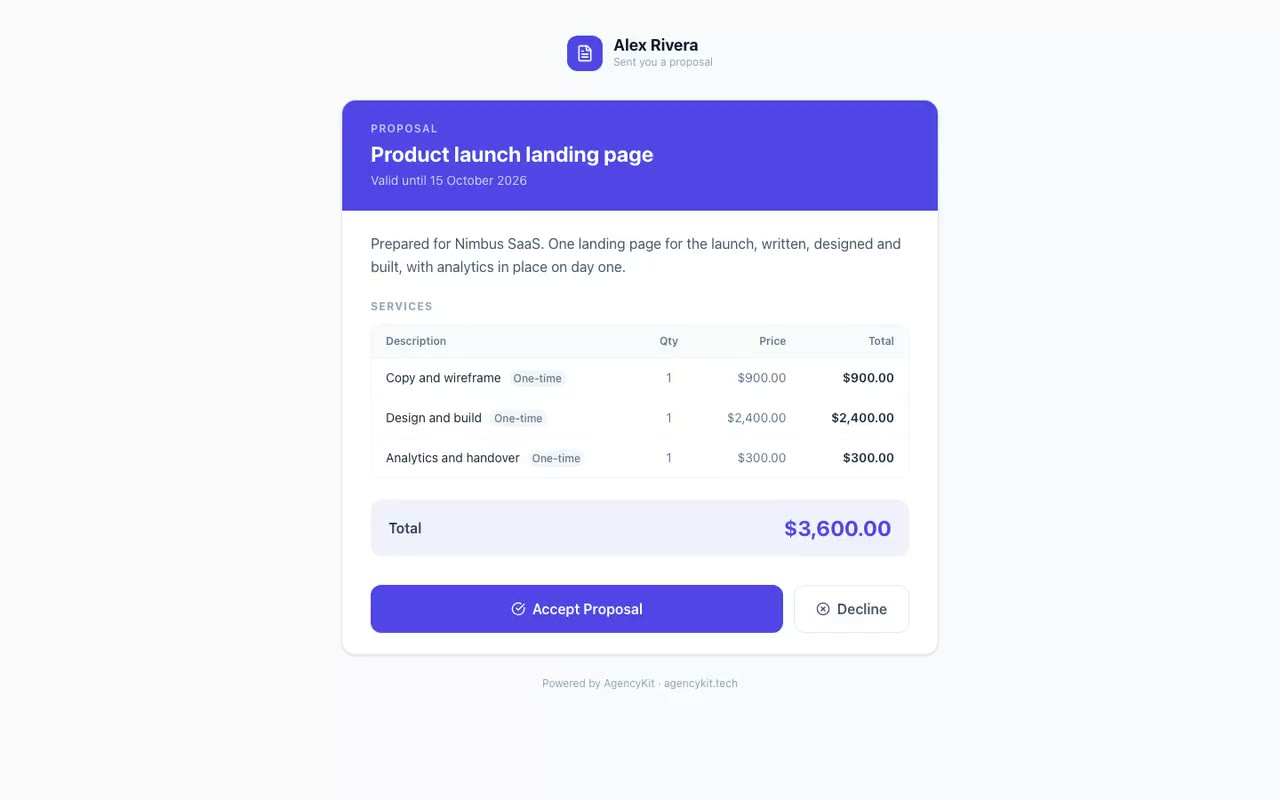 AgencyKit for freelancers: a proposal accepted online, the contract signed, and the invoice paid