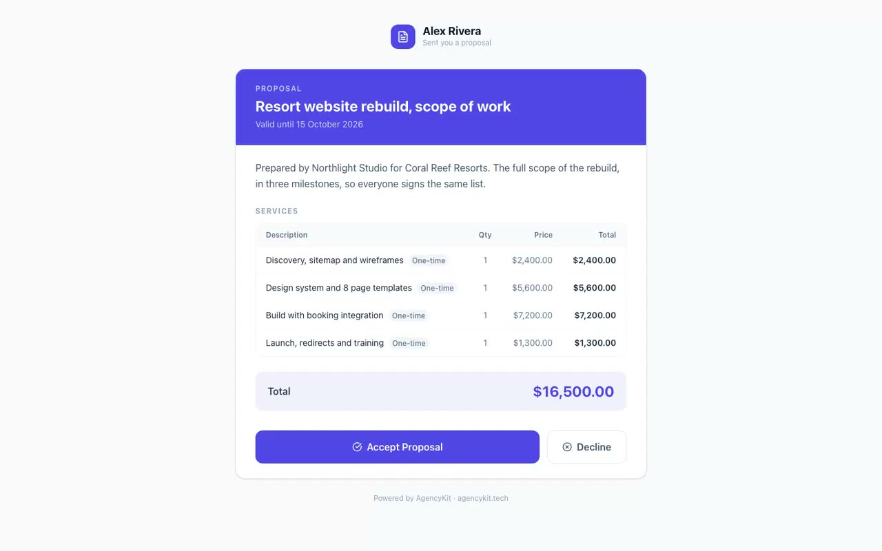 AgencyKit for web agencies: a scope of work, the contract signed online, the build on a board, and the milestone paid
