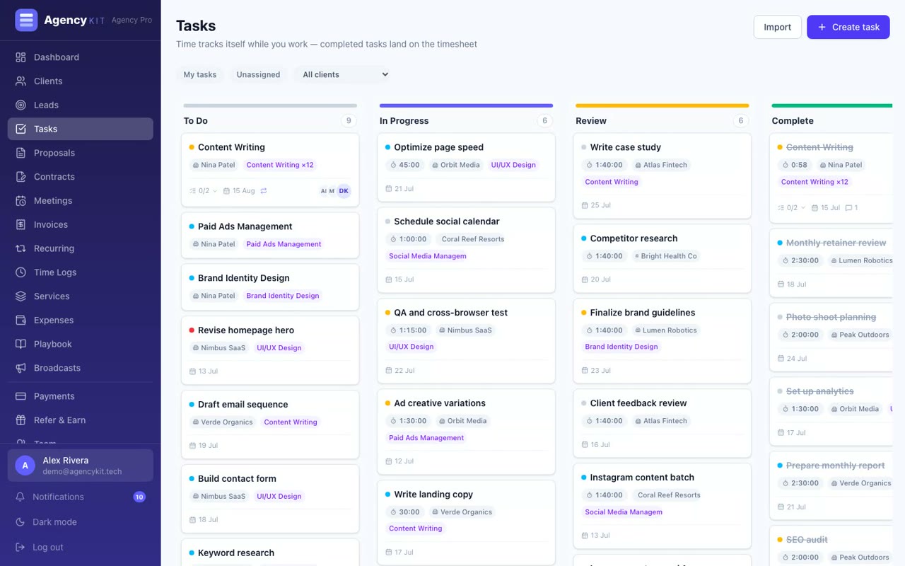 AgencyKit tasks: create a task, assign a client and service, run the timer, move it across the board, then comment with an @mention